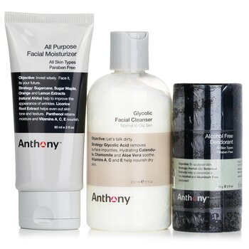 AnthonyBasic Kit With Alcohol Free Deodorant: Cleanser 237ml + Moisturizer 90ml + Deodorant 70g 3pcs