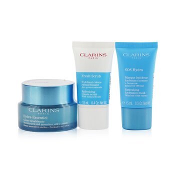 ClarinsHydration Essentials Gift Set: Hydra-Essentiel Silky Cream 50ml+ Fresh Scrub 15ml+ SOS Hydra Mask 15ml+ Pouch 3pcs+1pouch