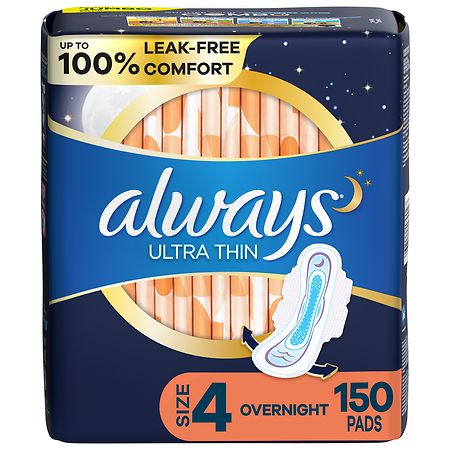 Always Ultra Thin Pads, Overnight, With Wings Unscented, Size 4 - 150.0 ea