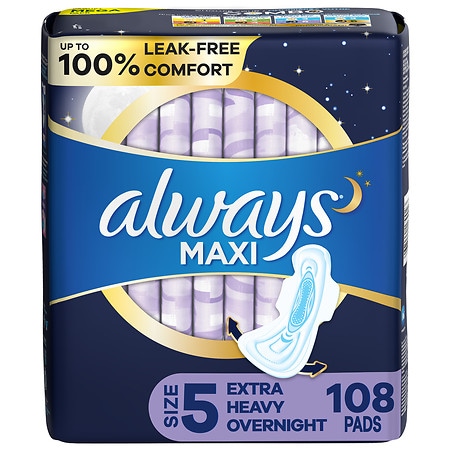 Always Maxi Pads, Extra Heavy Overnight with Wings Unscented, Size 5 - 108.0 ea