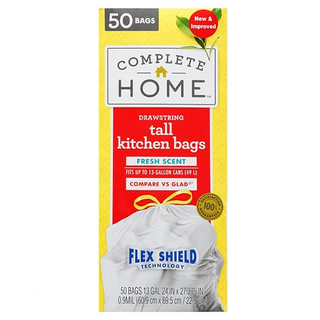 Complete Home Drawstring Flex Shield Kitchen Bags 13 Gallon Fresh Clean, 13 Gallons, White - 50.0 ea