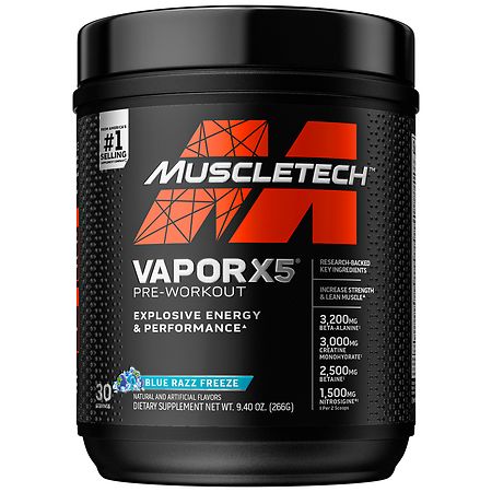 MuscleTech Vapor X5 Pre-Workout Powder Blue Razz Freeze, 30 Servings - 9.4 oz