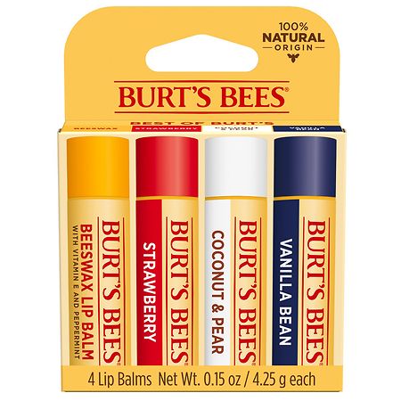 Burt's Bees Lip Balm Pack, Natural Origin Lip Care Beeswax, Strawberry, Coconut & Pear, Vanilla Bean - 0.15 oz x 4 pack