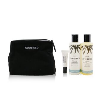 CowshedRelax Calming Essentials Set: Natural Lip Balm 5ml+ Bath & Shower Gel 100ml+ Body Lotion 100ml+ Bag 3pcs+1bag