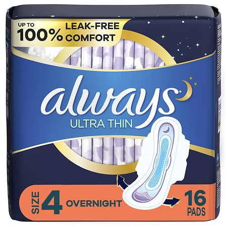 Always Ultra Thin Overnight Pads with Flexi-Wings, Overnight Unscented, Size 4 (ct16) - 16.0 ea