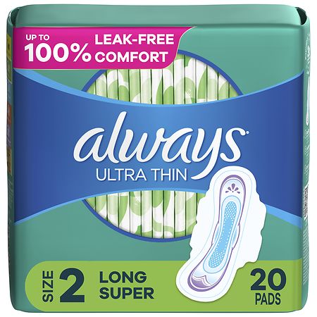 Always Ultra Thin Feminine Pads with Wings for Women, Long Super Absorbency Unscented, Size 2 (ct 20) - 20.0 ea