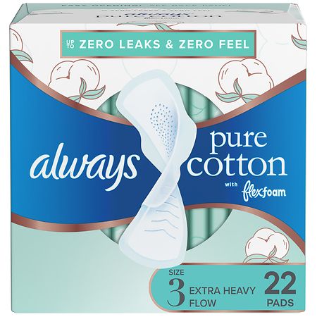 Always Pure Cotton Pads, Extra Heavy, with Wings Unscented, Size 3 - 22.0 ea