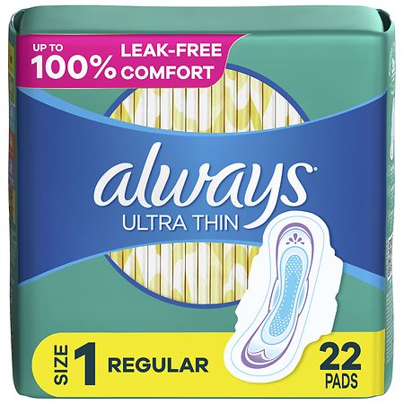 Always Ultra Thin Feminine Pads with Wings for Women, Regular Absorbency Unscented, Size 1 (ct 22) - 22.0 ea