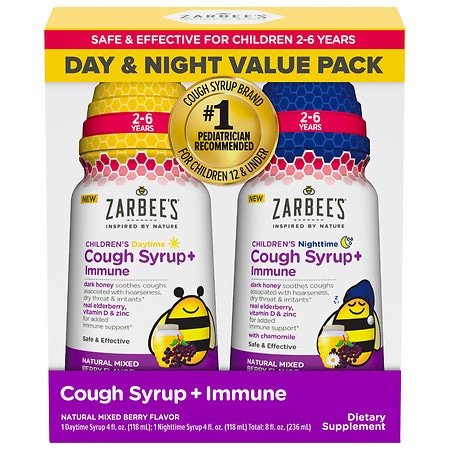 Zarbee's Children's Cough + Immune, Day & Night Value Pack, 2-6 Years Natural Mixed Berry - 4.0 fl oz x 2 pack