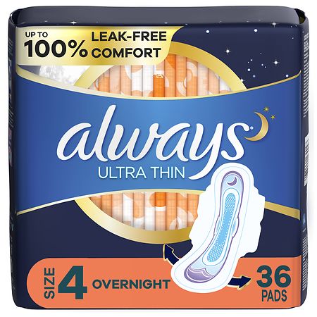 Always Ultra Thin Overnight Pads with Flexi-Wings, Overnight Unscented, Size 4 (ct 36) - 36.0 ea