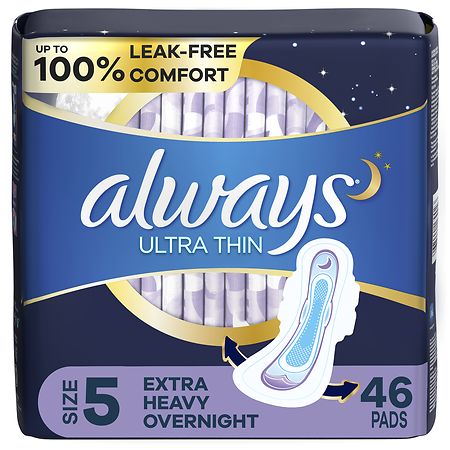 Always Ultra Thin Overnight Pads with Flexi-Wings, Extra Heavy Overnight Unscented, Size 5 (ct 46) - 46.0 ea