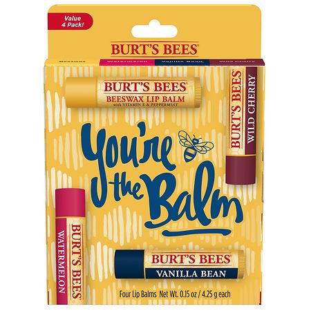 Burt's Bees You're the Balm Lip Balm Pack, Natural Origin Lip Care Beeswax, Wild Cherry, Vanilla Bean and Watermelon - 0.15 oz x 4 pack