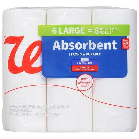 Walgreens Absorbent Paper Towels 6 Rolls, 86 Sheets per Roll, 236.5 sq ft - 86.0 ea x 6 pack