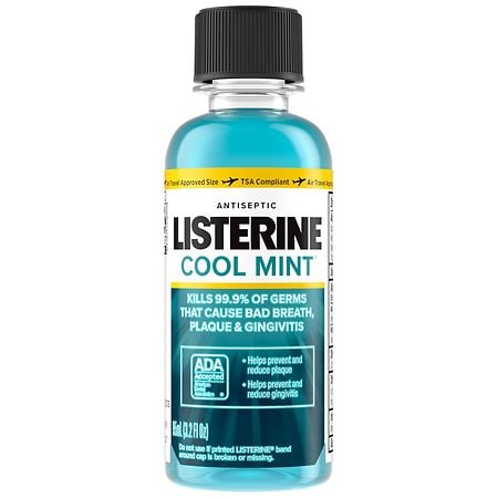 Listerine Antiseptic Mouthwash For Bad Breath, Travel Size Cool Mint, Travel Approved Size - 3.2 fl oz