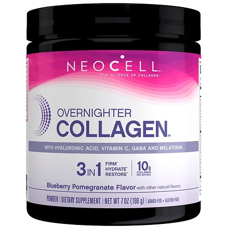 NeoCell Overnighter Collagen Powder with Hyaluronic Acid, Vitamin C, GABA and Melatonin Blueberry Pomegranate - 7.0 oz