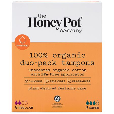 The Honey Pot Duo Pack Organic Bio-Plastic Applicator Tampons Unscented, Regular Absorbency - 18.0 ea