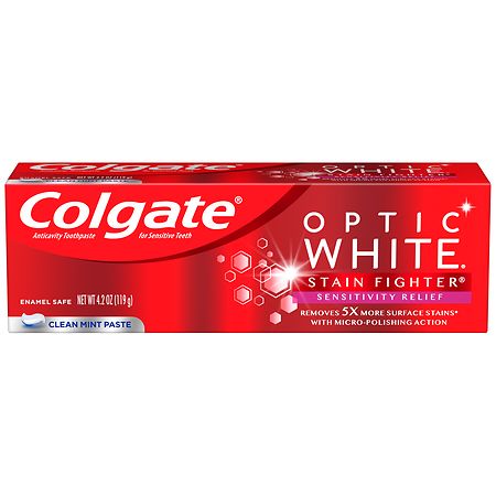 Colgate Optic White Stain Fighter Sensitivity Relief Teeth Whitening Clean Mint - 4.2 oz