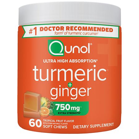 Qunol Turmeric + Ginger Extra Strength Soft Chews, 750mg Tropical Fruit - 60.0 ea