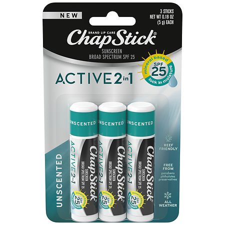 ChapStick Lip Balms Active 2-in-1 Unscented, Unscented - 0.18 oz x 3 pack